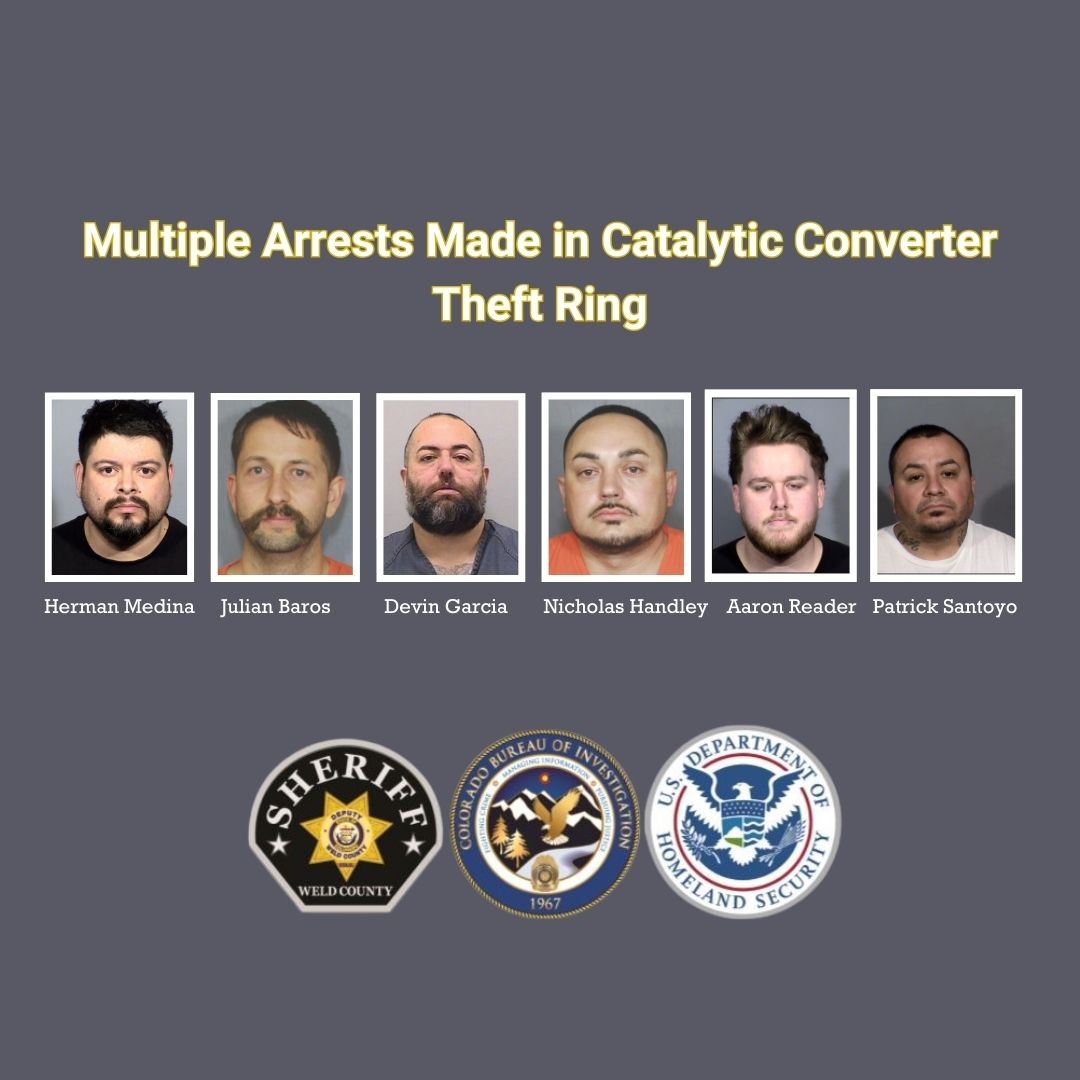 Multiple arrests made in catalytic converter theft ring. Mugshots of Herman Medina, Julian Baros, Devin Garcia, Nicholas Handley, Aaron Reader, and Patrick Santoyo. 